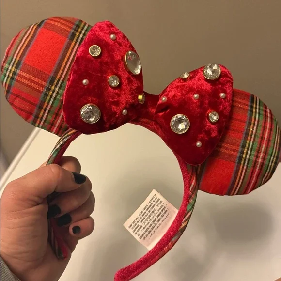 Red Plaid Mouse Ears Headband with Bow - Picture 4 of 4